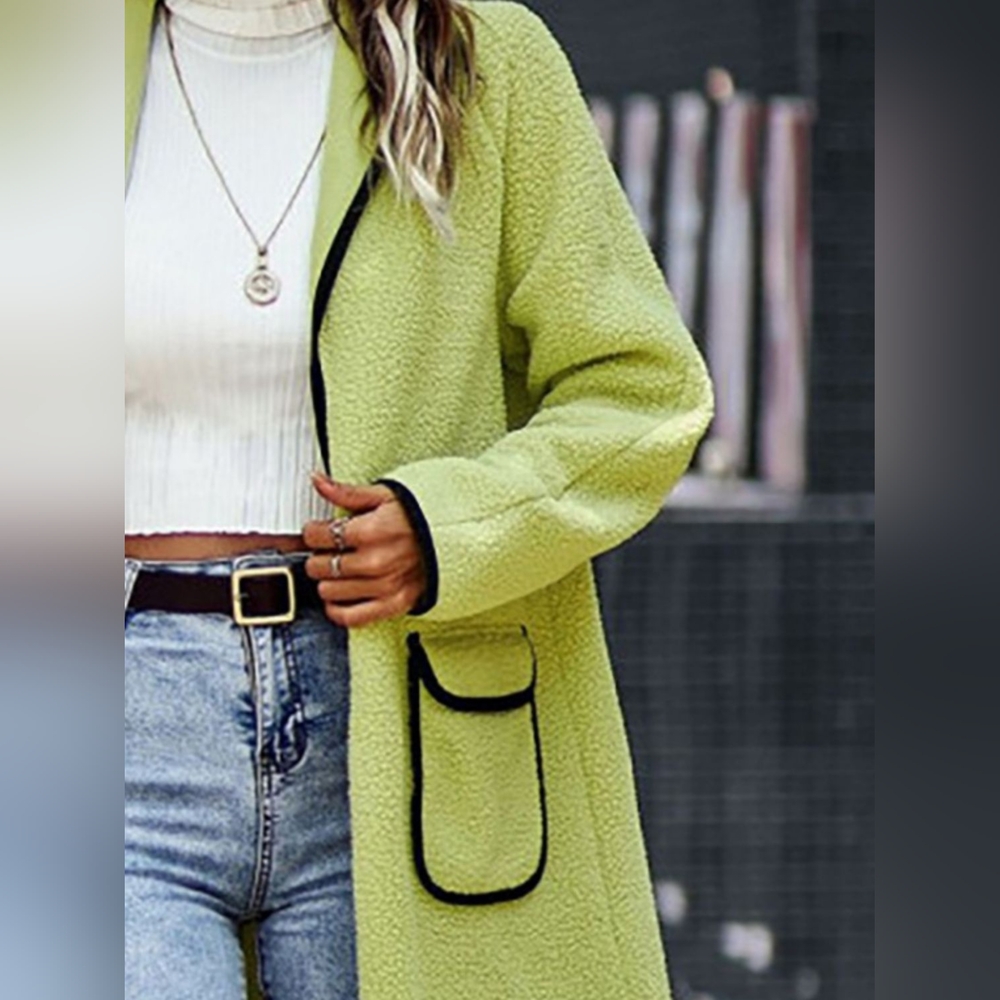 Full Size Contrast Trim Long Sleeve Coat with Pockets - Picture 2 of 5